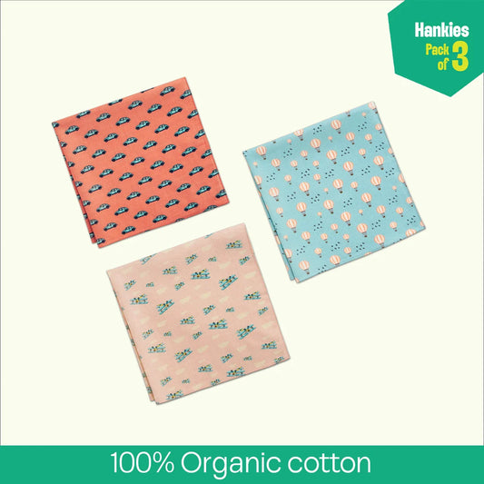 Travelicious! Unisex Hankies, 100% Organic Cotton, Pack of 3