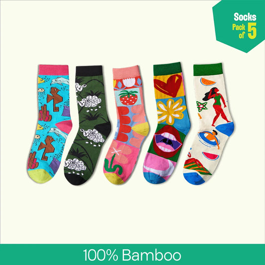 Fashion Fusion! Unisex Socks, 100% Bamboo, Crew Length, Pack of 5