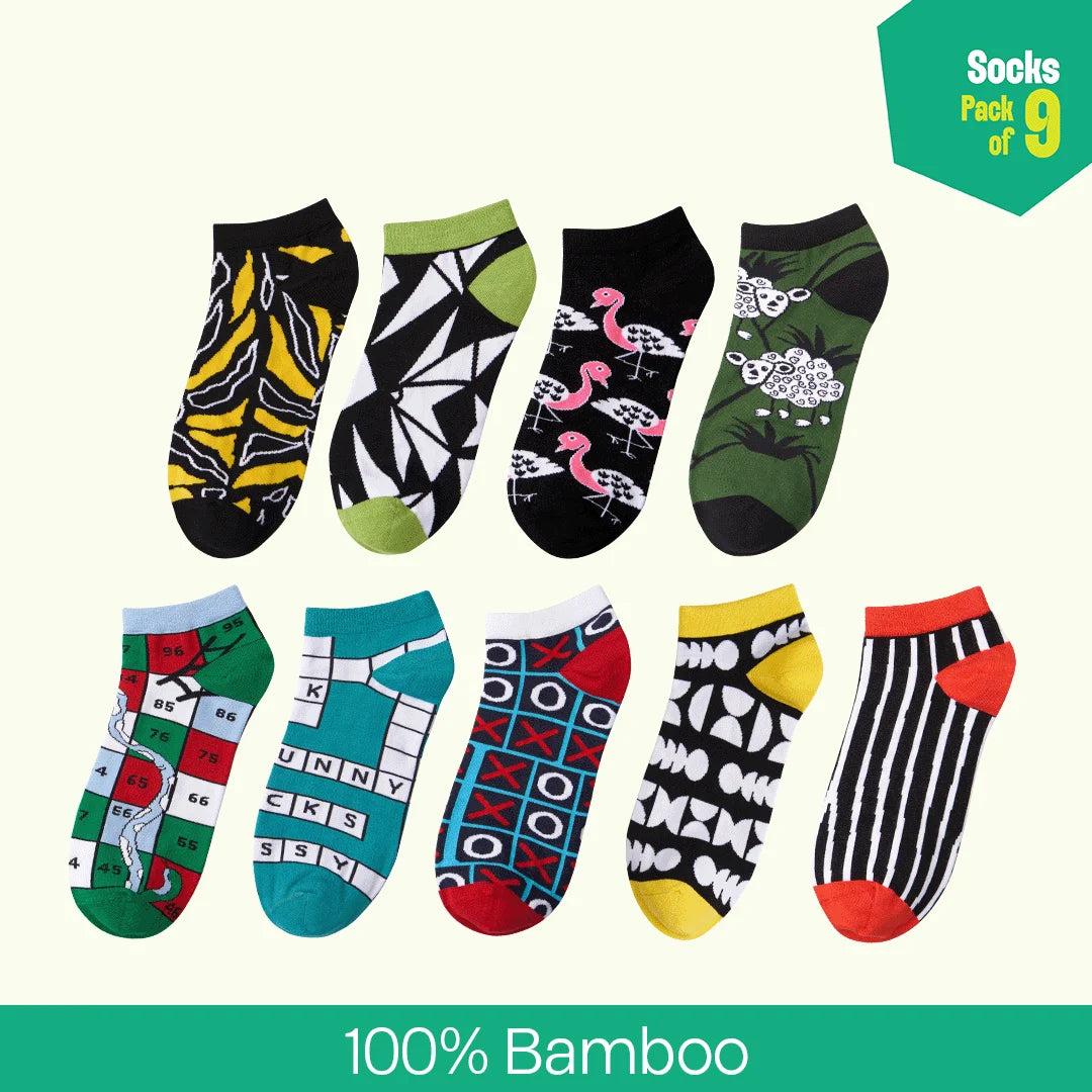 Flex Mode! Unisex Socks, 100% Bamboo, Ankle Length, Pack of 9