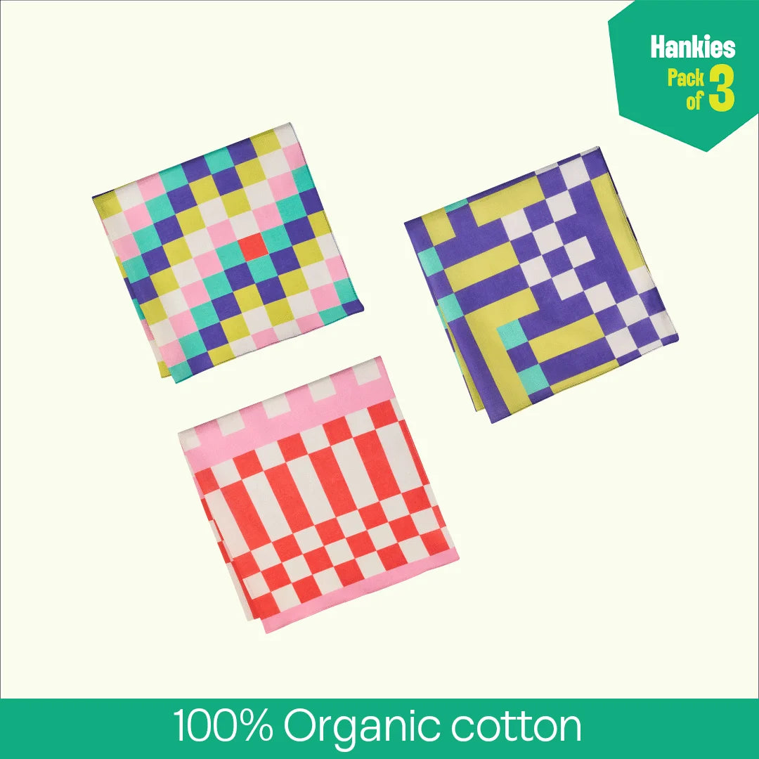 Pixel Chaos! Unisex Hankies, 100% Organic Cotton, Pack of 3