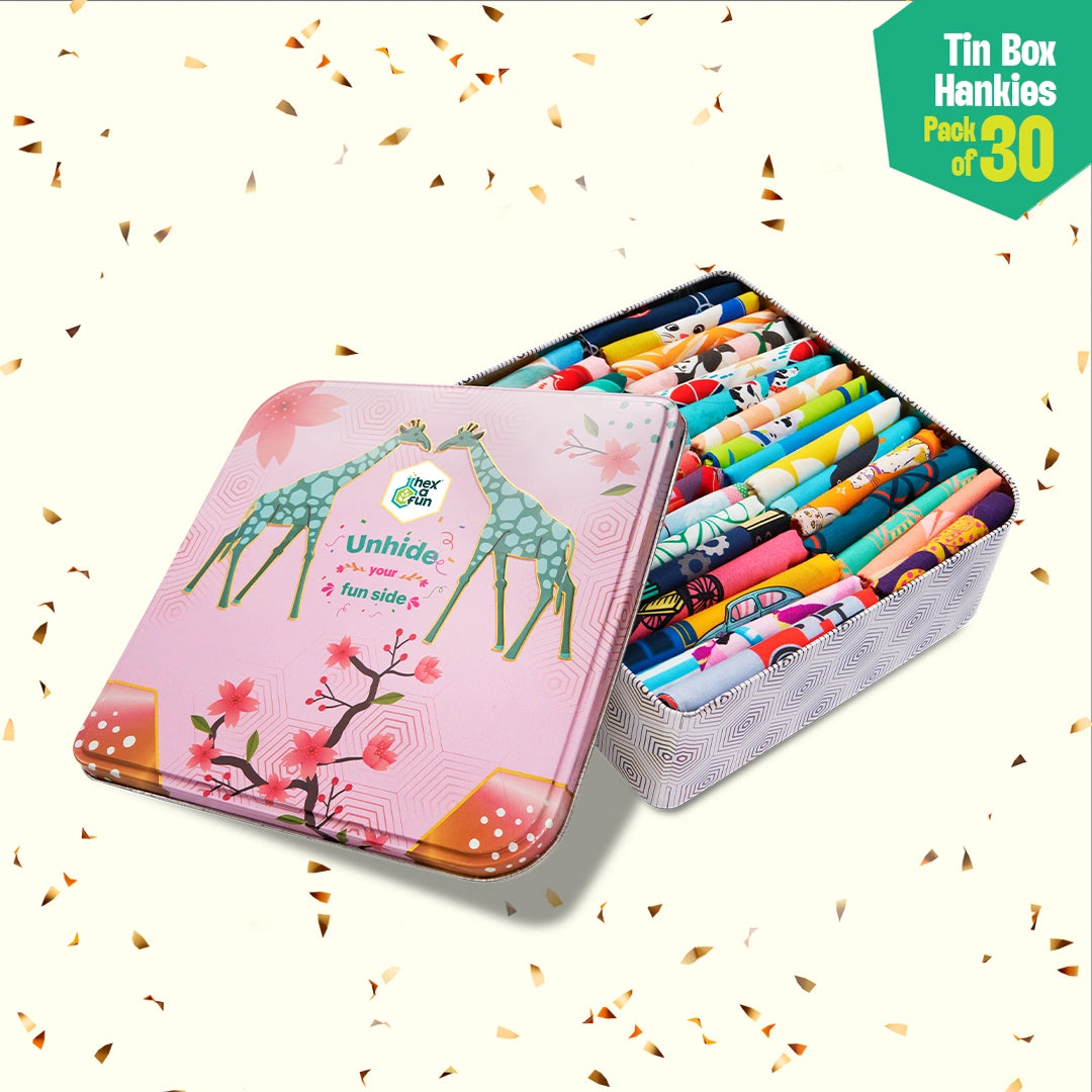 GMT! Giraffe Mood Time! Tin Gift Box, Unisex Hankies, 100% Organic Cotton, Box Of 30