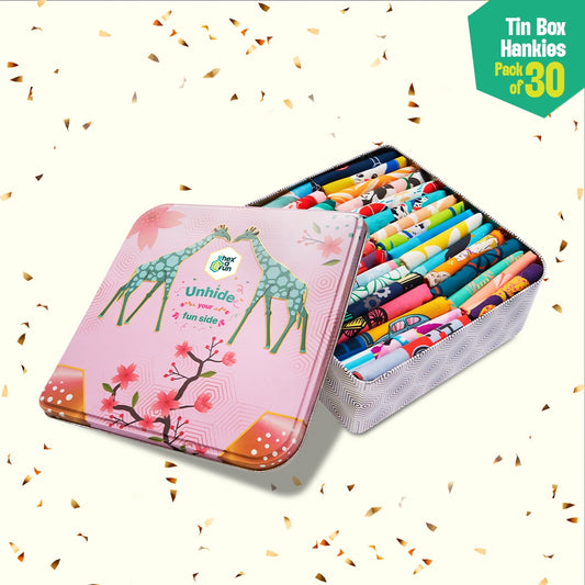 GMT! Giraffe Mood Time! Tin Gift Box, Unisex Hankies, 100% Organic Cotton, Box Of 30