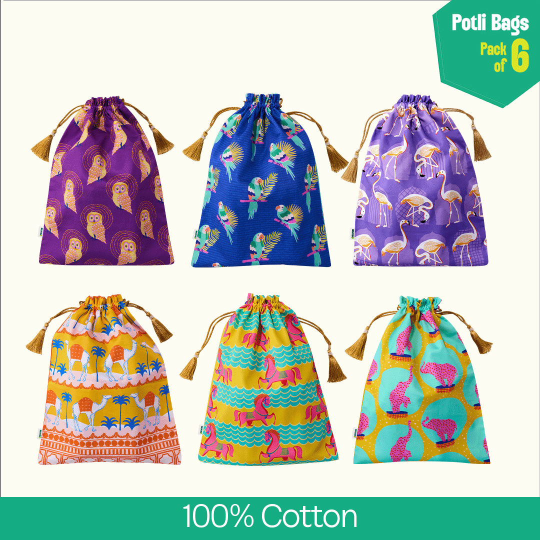 Jungle Fever! Unisex Potli Bags, 100% Cotton, Pack of 6