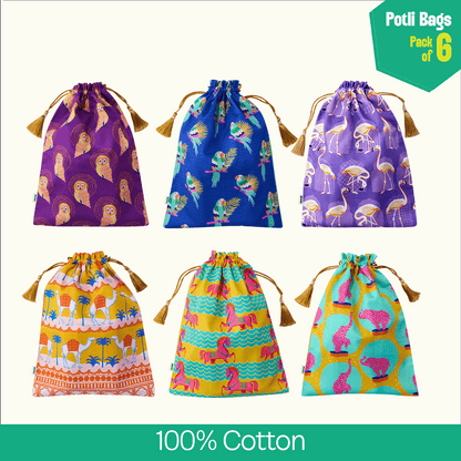 Jungle Fever! Unisex Potli Bags, 100% Cotton, Pack of 6