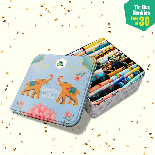 EOD! Elephant Of The Day! Tin Gift Box, Unisex Hankies, 100% Organic Cotton, Box Of 30