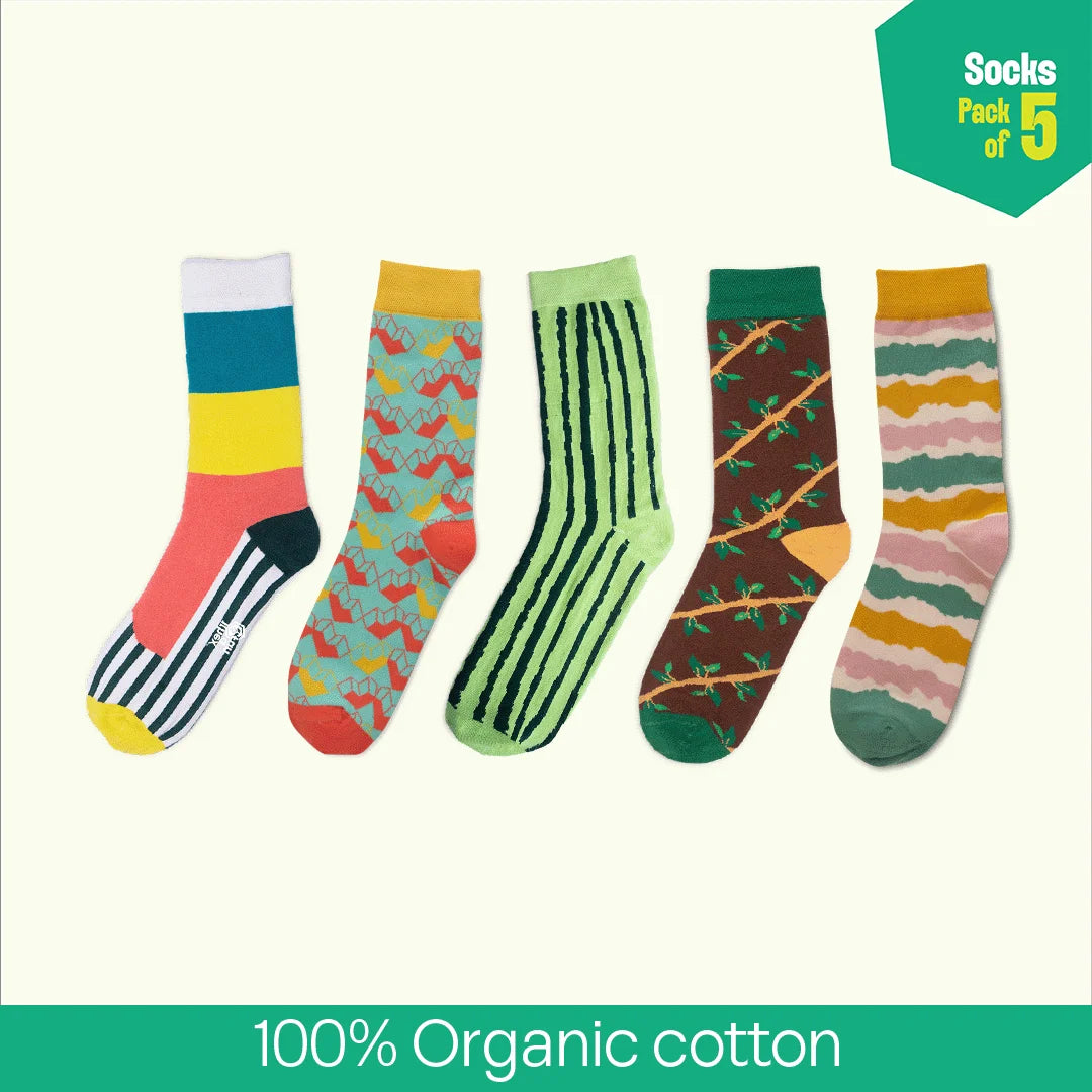 Pattern Palooza! Unisex Socks, 100% Organic Cotton, Crew Length, Pack of 5