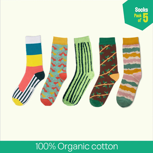 Pattern Palooza! Unisex Socks, 100% Organic Cotton, Crew Length, Pack of 5