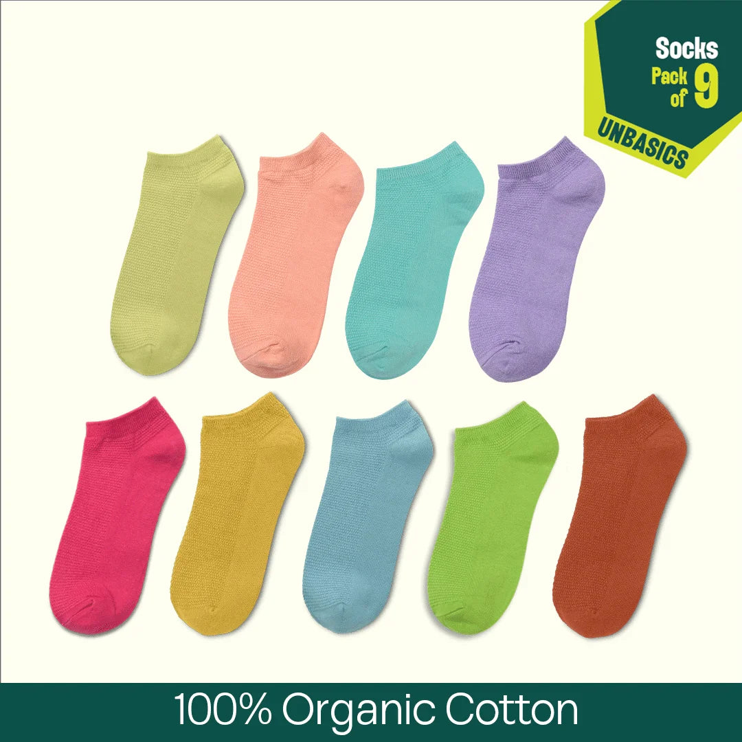 Pastel Spring! Unisex Socks, 100% Organic Cotton, Ankle Length, Pack of 9