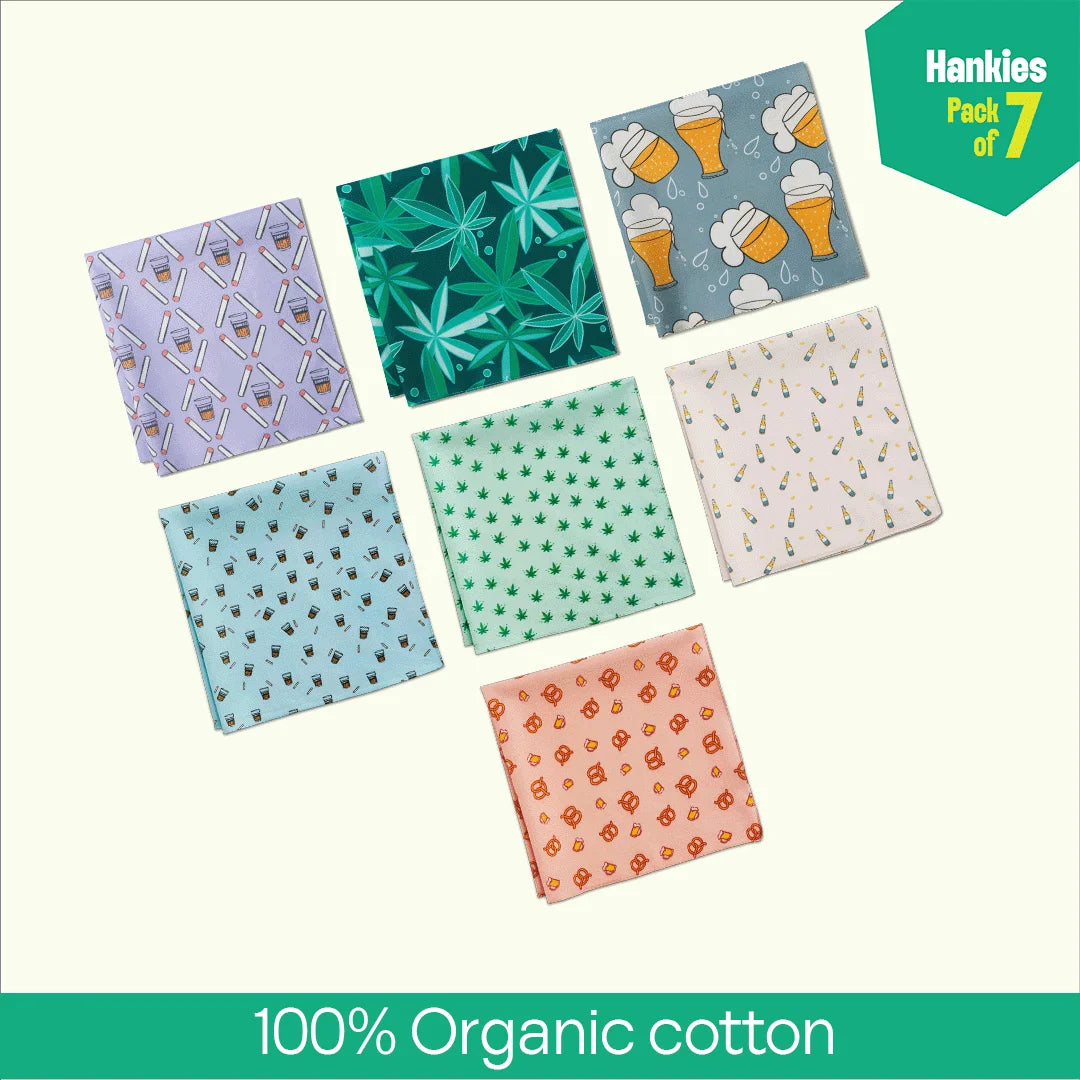 Happy Hour! Unisex Hankies, 100% Organic Cotton, Pack of 7