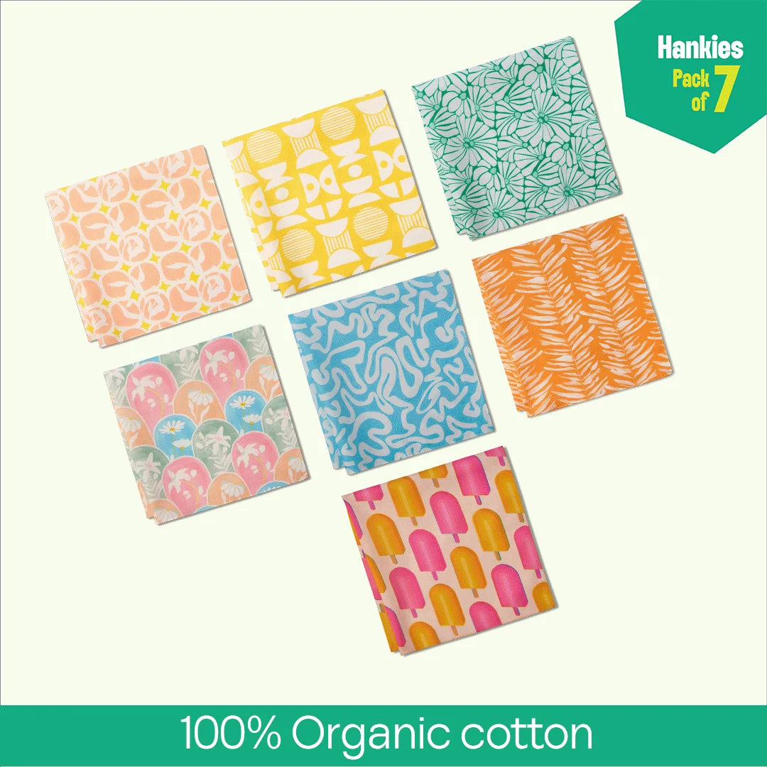 Beat The Heat! Large Unisex Hankies, 100% Organic Cotton, Pack of 7
