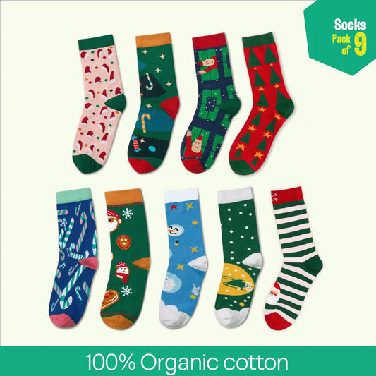 Christmas Music! Unisex Socks, 100% Organic Cotton, Crew Length, Pack of 9