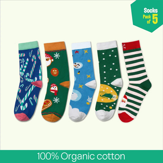 Christmas Punch! Unisex Socks, 100% Organic Cotton,  Crew Length, Pack of 5