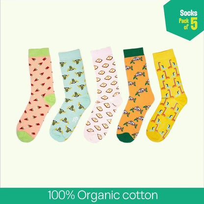 Animal-holic! Unisex Socks, 100% Organic Cotton, Crew Length, Pack of 5