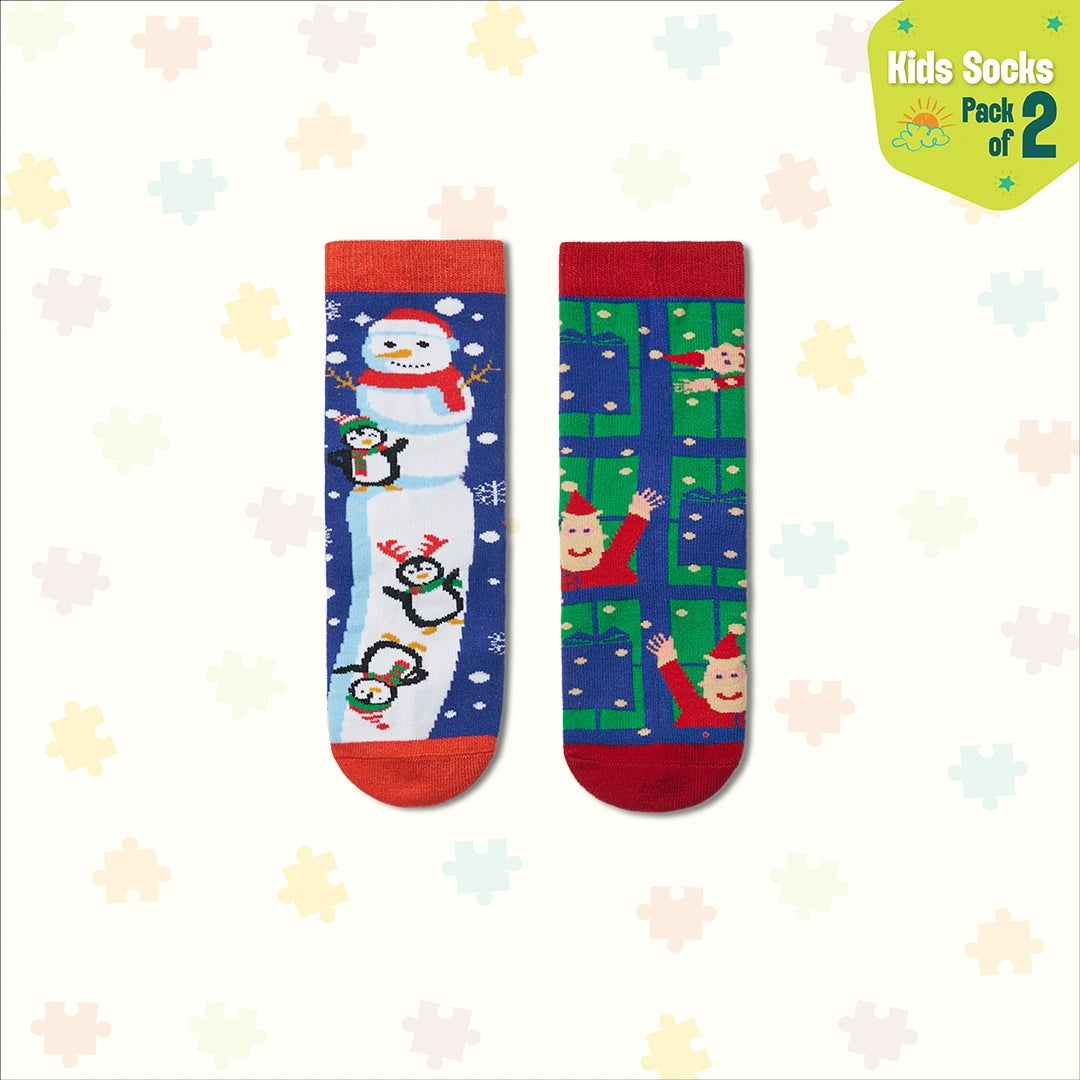 Snowy Holiday! Unisex Kid's Socks, 100% Bamboo, Crew Length, Pack of 2