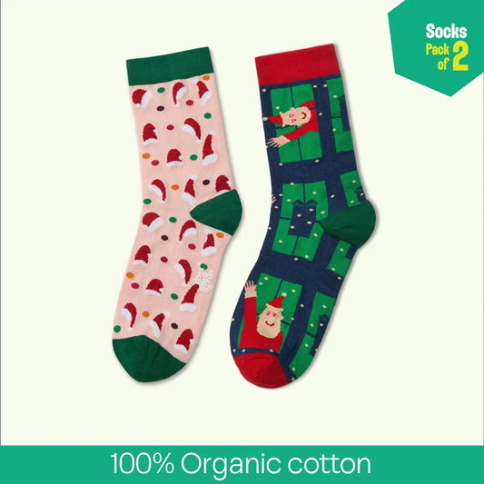 Cozy Holiday! Unisex Socks, 100% Organic Cotton, Crew Length, Pack of 2