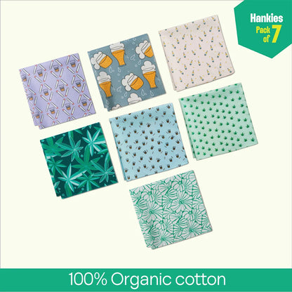 Happy Hour! Small Unisex Hankies, 100% Organic Cotton, Pack of 7