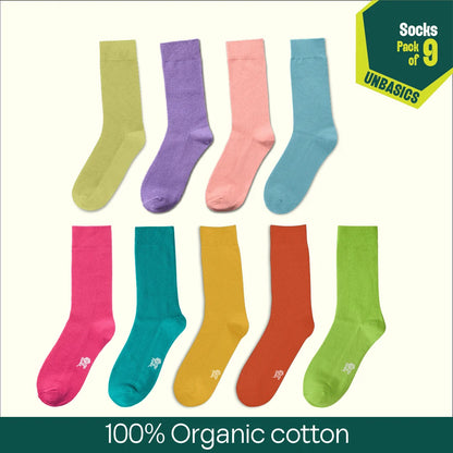Pastel Spring! Unisex Socks, 100% Organic Cotton, Crew Length, Pack of 9