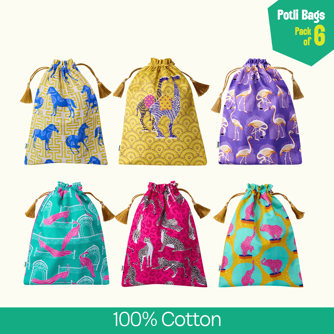 Welcome To Jungle! Unisex Potli Bags, 100% Cotton, Pack of 6