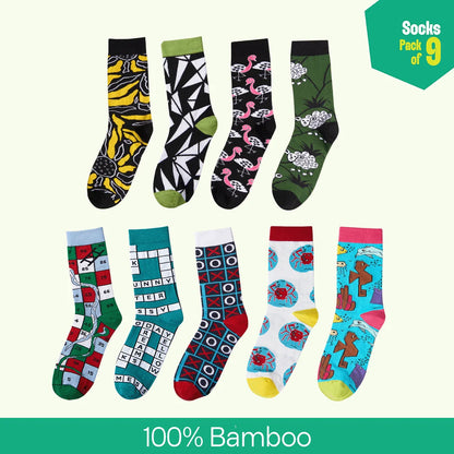 Strike A Pose! Unisex Socks, 100% Bamboo, Crew Length, Pack of 9