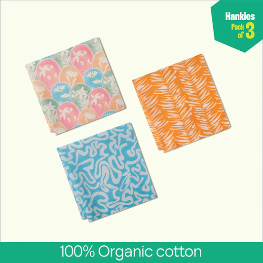 Summer Vibes! Unisex Hankies, 100% Organic Cotton, Pack of 3