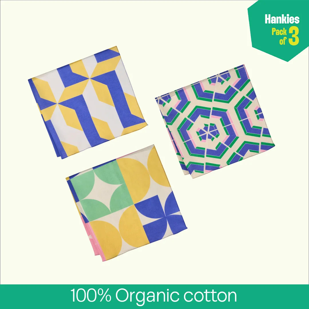 Mosaic Motion! Unisex Hankies, 100% Organic Cotton, Pack of 3