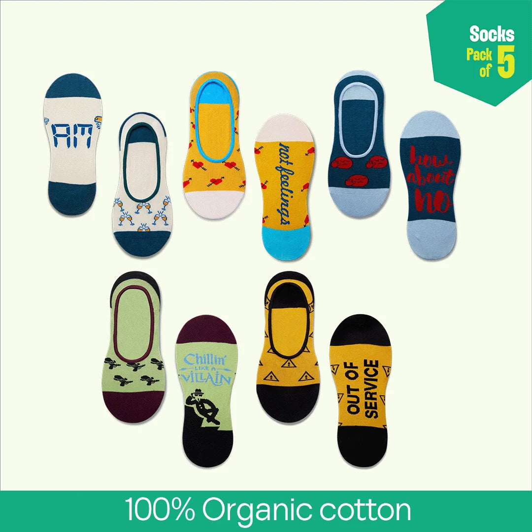 WIP! Wittiness In Progress! Unisex Socks, 100% Organic Cotton, No Show, Pack of 5