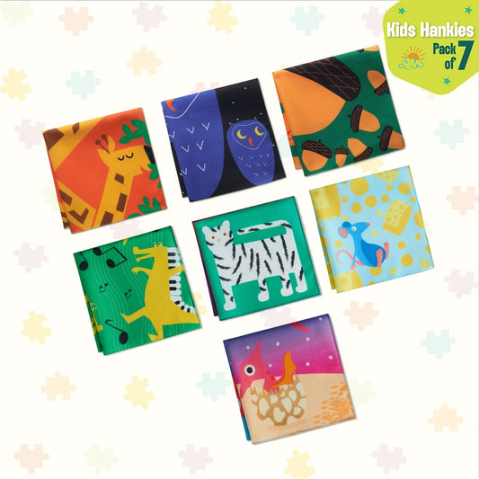 Zoo Buddies! Unisex Kid's Hankies, 100% Organic Cotton, Pack of 7