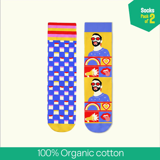 Rainbow Check! Unisex Socks, 100% Organic Cotton, Crew Length, Pack of 2