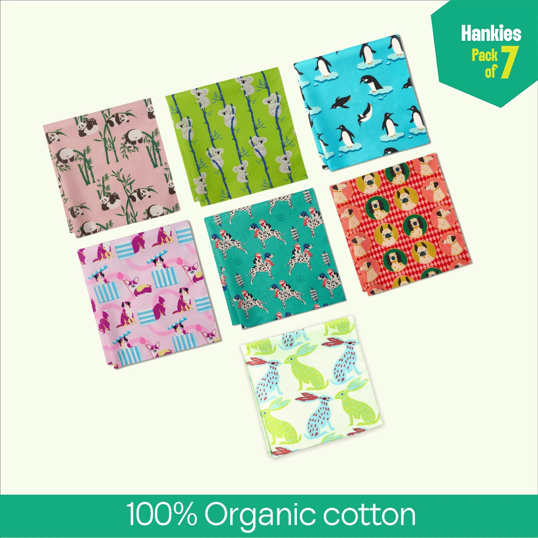 Wagging Tails! Unisex Hankies, 100% Organic Cotton, Pack of 7