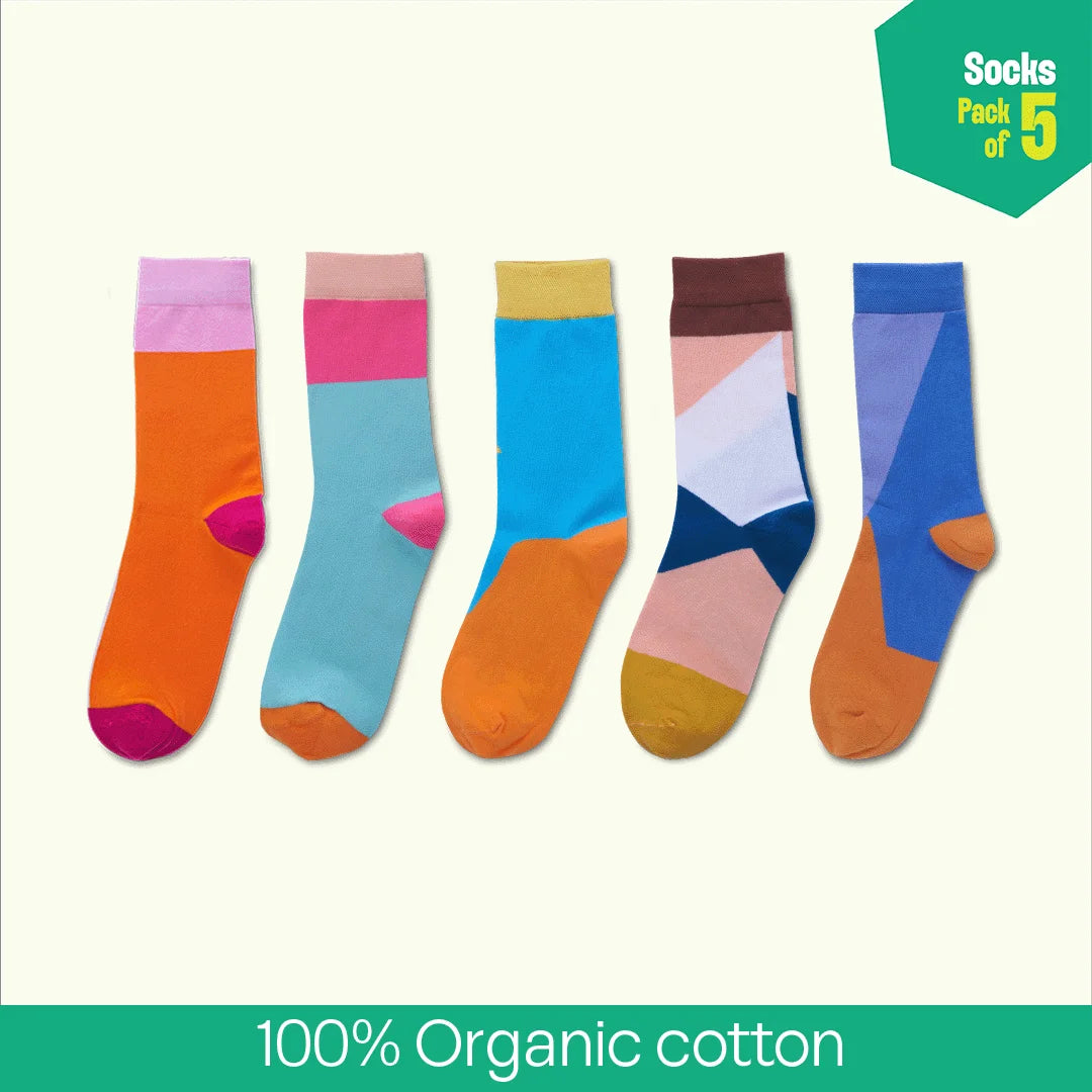 Color Pop Story! Unisex Socks, 100% Organic Cotton, Crew Length, Pack of 5