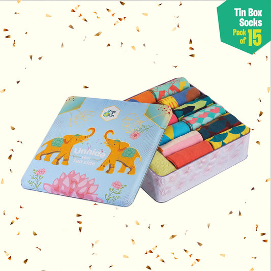Trunk Call! Tin Gift Box, Unisex Crew Length Socks, 100% Organic Cotton, Box Of 15
