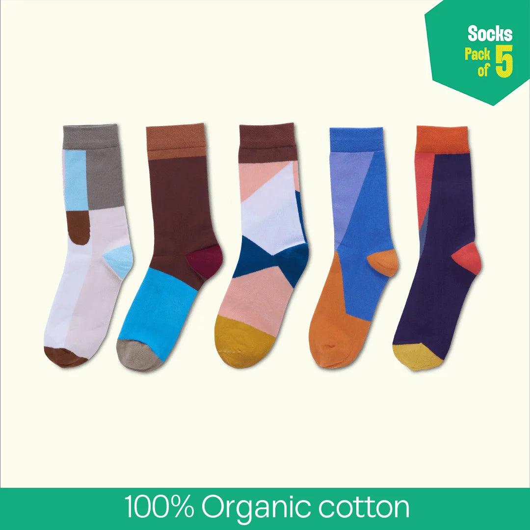 Color Punch! Unisex Socks, 100% Organic Cotton, Crew Length, Pack of 5