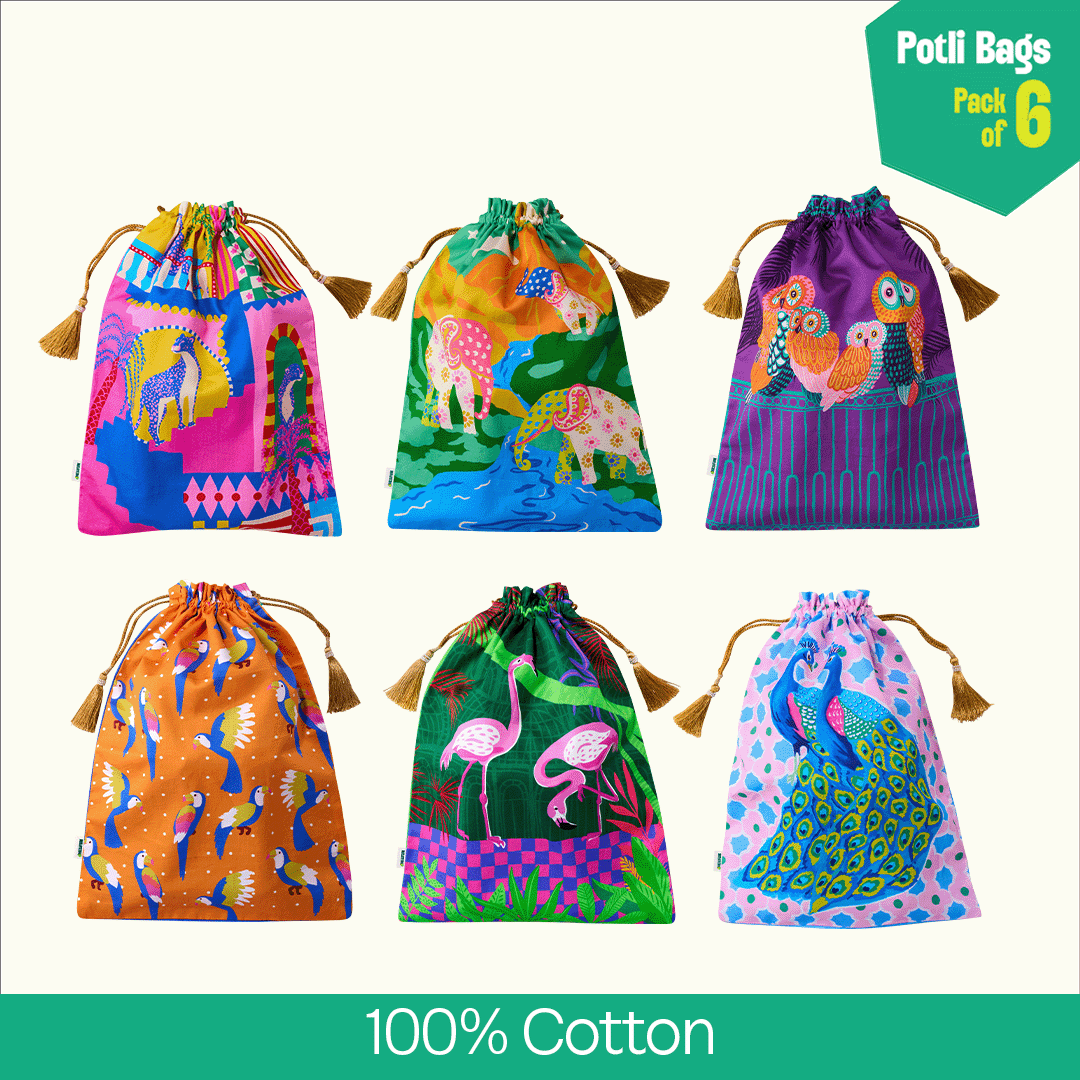 Wild Whispers! Unisex Potli Bags, 100% Cotton, Pack of 6