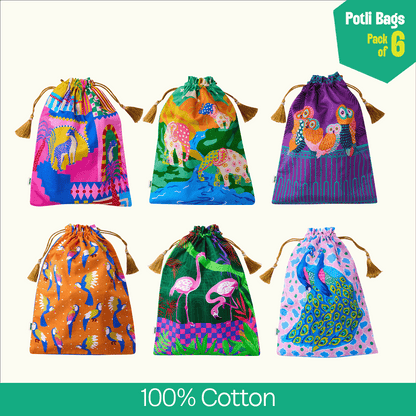 Wild Whispers! Unisex Potli Bags, 100% Cotton, Pack of 6