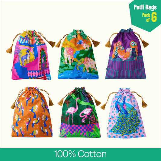 Wild Whispers! Unisex Potli Bags, 100% Cotton, Pack of 6