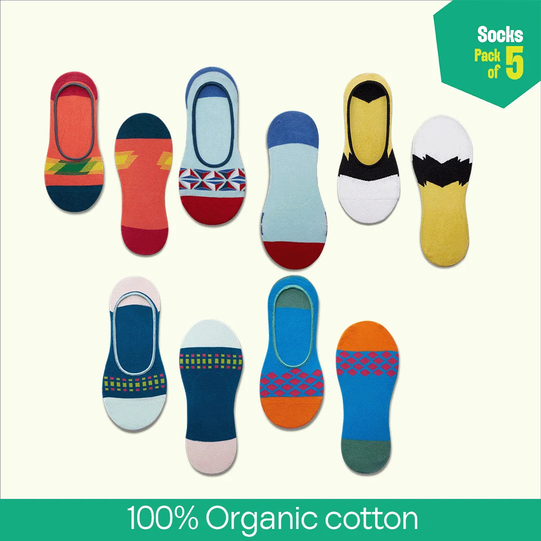 Loud Mix! Unisex Socks, 100% Organic Cotton, No Show, Pack of 5