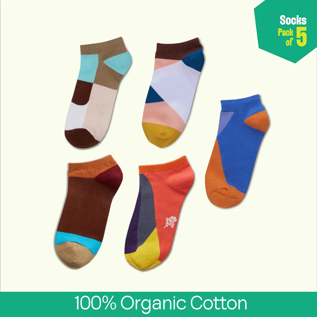 Color Punch! Unisex Socks, 100% Organic Cotton, Ankle Length, Pack of 5