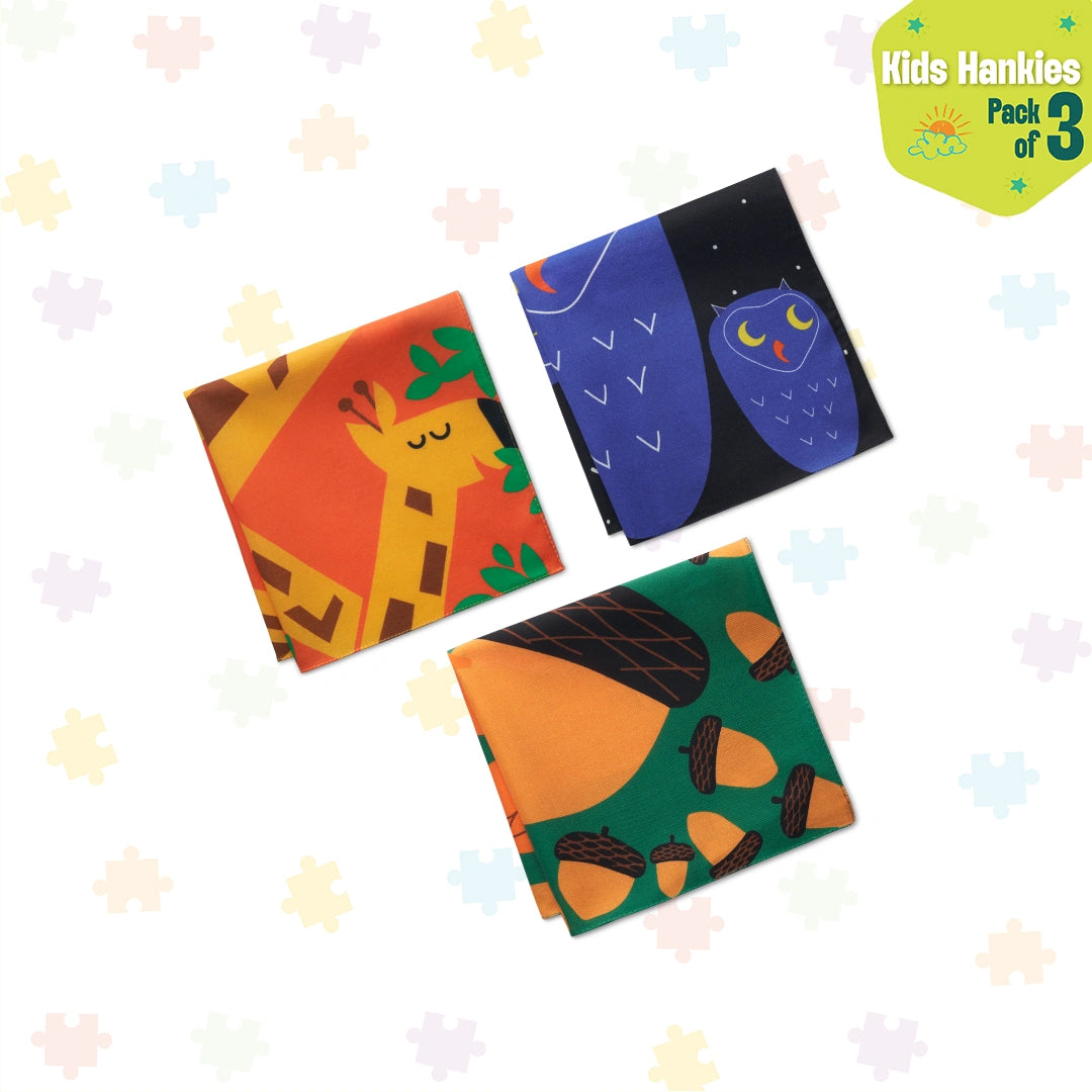 Animals Day Out! Unisex Kid's Hankies, 100% Organic Cotton, Pack of 3
