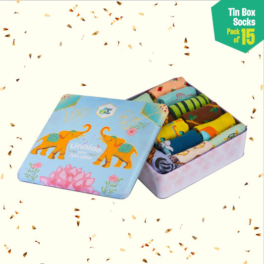 EOD! Elephant Of The Day! Tin Gift Box, Unisex Crew Length Socks, 100% Organic Cotton, Box Of 15