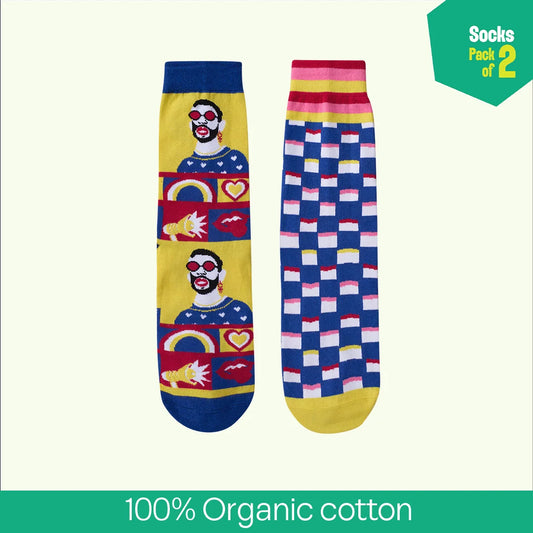 Rainbow Check! Unisex Socks, 100% Organic Cotton, Crew Length, Pack of 2