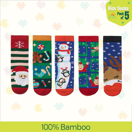 Merry Madness! Unisex Kid's Socks, 100% Bamboo, Crew Length, Pack of 5