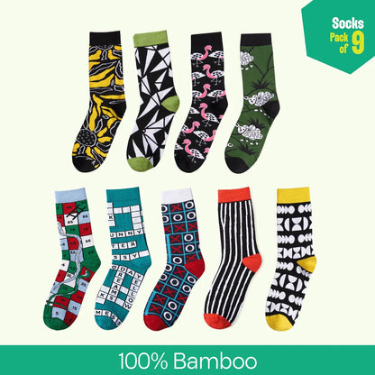 Flex Mode! Unisex Socks, 100% Bamboo, Crew Length, Pack of 9