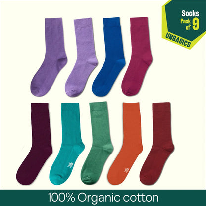 Bold Expression! Unisex Socks, 100% Organic Cotton, Crew Length, Pack of 9