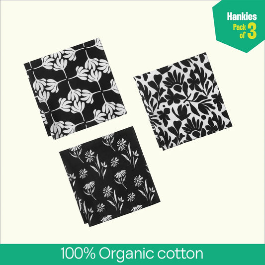 Blooming Tales! Unisex Hankies, 100% Organic Cotton, Pack of 3