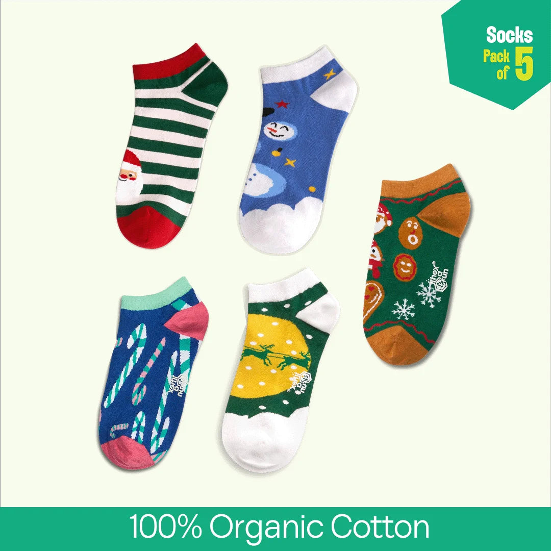 Christmas Punch! Unisex Socks, 100% Organic Cotton,  Ankle Length, Pack of 5