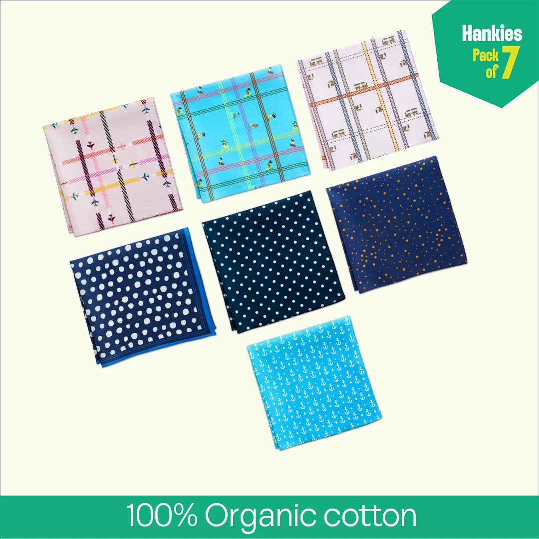 Style O'Clock! Unisex Hankies, 100% Organic Cotton, Pack of 7