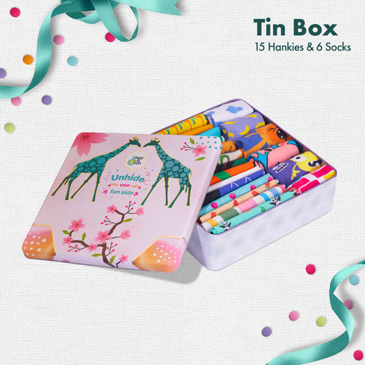 GMT! Giraffe Mood Time! Tin Gift Box, 15 Kid's Hankies + 6 Kids Socks, 100% Organic Cotton, Box of 21