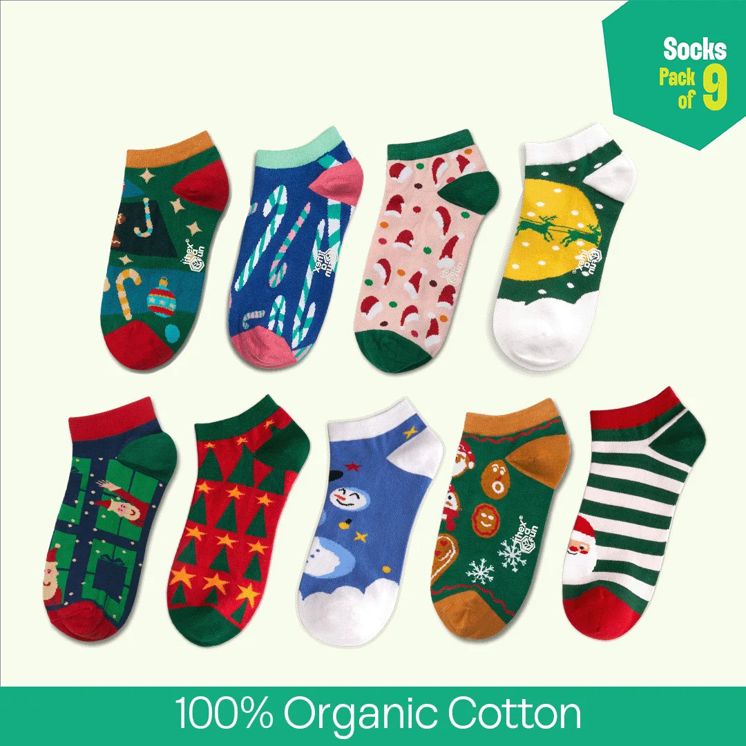 Christmas Music! Unisex Socks, 100% Organic Cotton, Ankle Length, Pack of 9