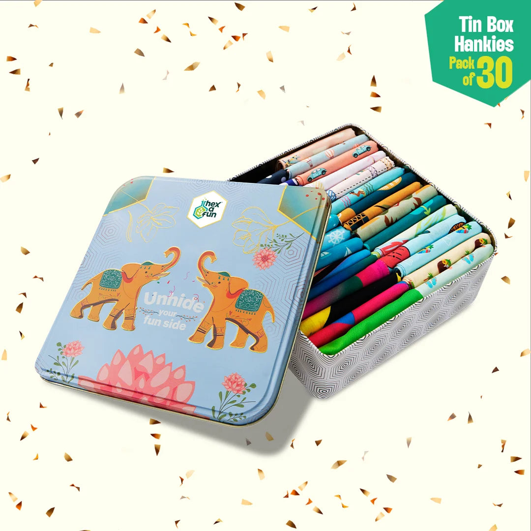 EOD! Elephant Of The Day! Tin Gift Box, Unisex Hankies, 100% Organic Cotton, Box Of 30