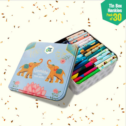 EOD! Elephant Of The Day! Tin Gift Box, Unisex Hankies, 100% Organic Cotton, Box Of 30